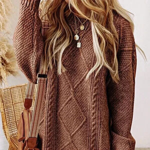 Coffee Brown Casual Women's Cable Knit Drop Shoulder Loose Fit Sweater Dress